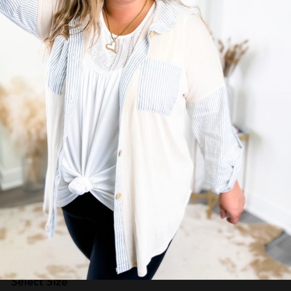 Ribbed Long Sleeve Shacket with Striped Detail - Ivory - Picture 3 of 9